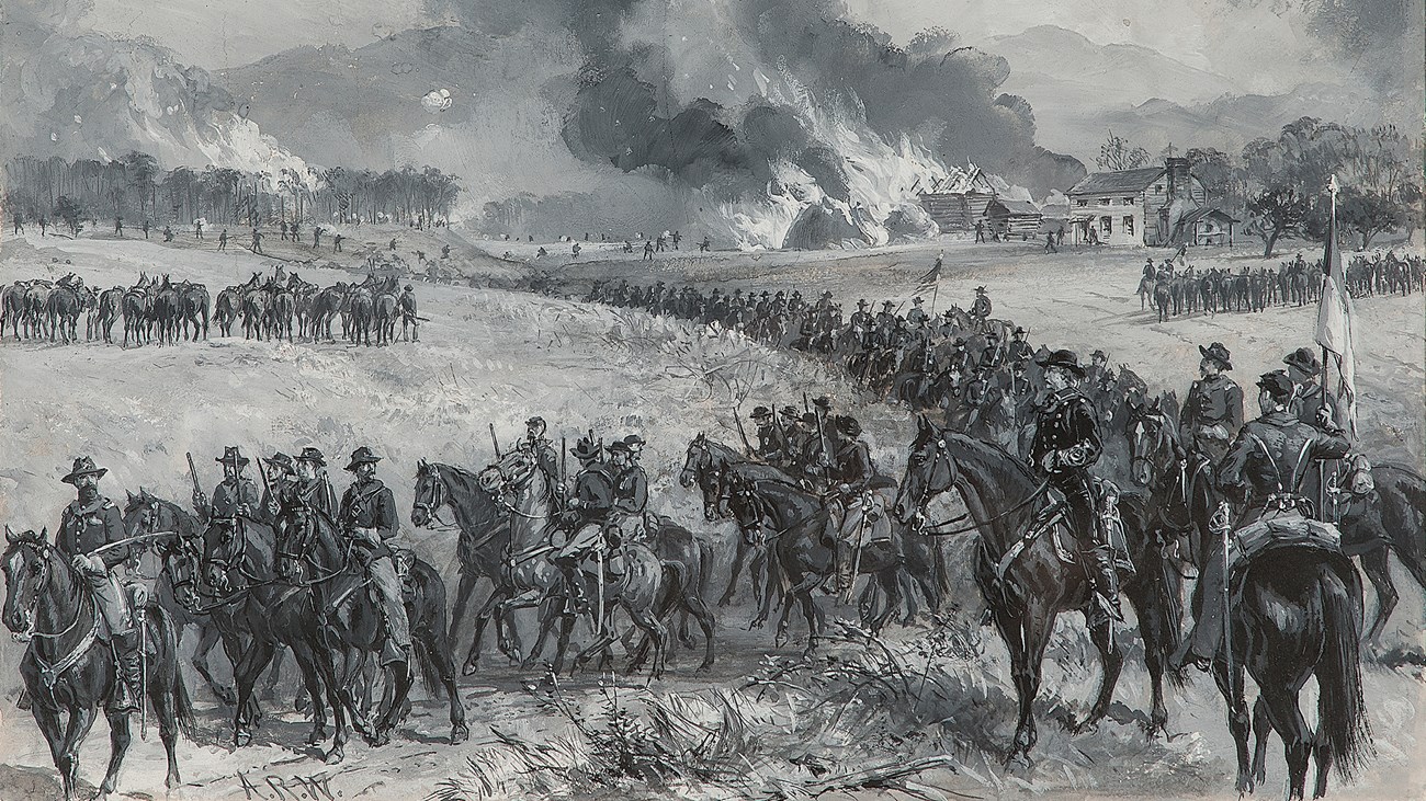 An illustration shows cavalrymen on the move with a burning town in the background.