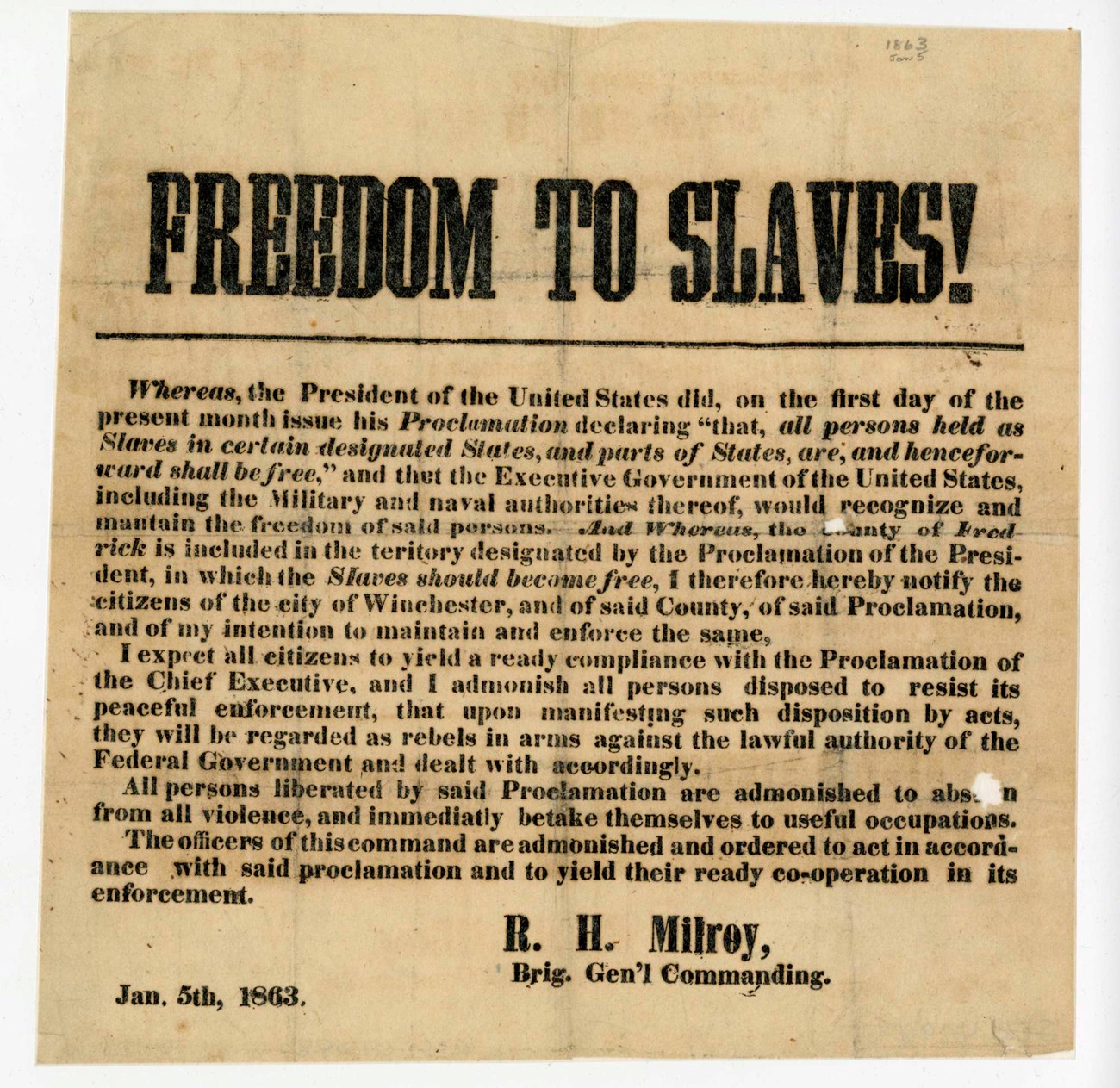 A weathered printed notice from 1863 proclaims freedom to slaves.