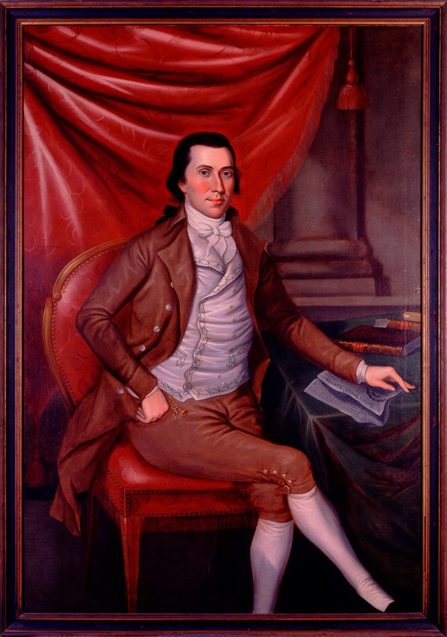 Portrait of Major Isaac Hite Jr., 1799 A portrait painting shows a young man in fancy 1700s clothes.