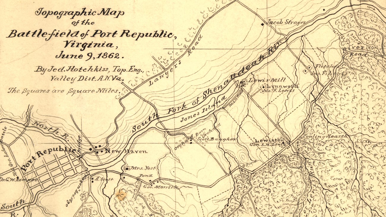 A historic pencil drawing shows roads, forest, towns, houses, and waterways.