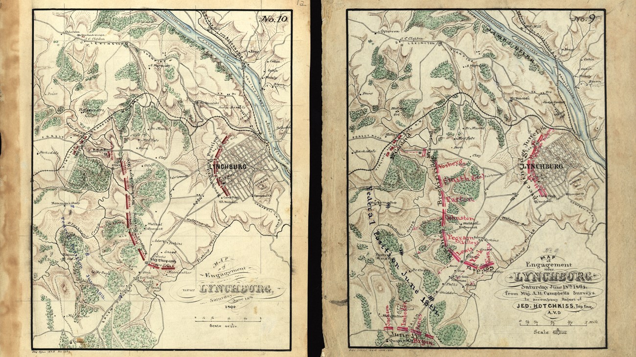 Two yellowed hand drawn maps from 1864 shows a battlefield in great detail.