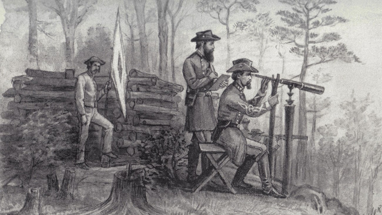 An 1860s sketch shows officers and a signalman spying enemies from a mountain top.