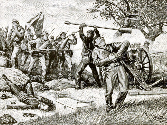 An engraving shows cadets defending a cannon in a Civil War battle.
