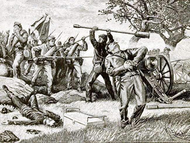Cadets at New Market An engraving shows cadets defending a cannon in a Civil War battle.