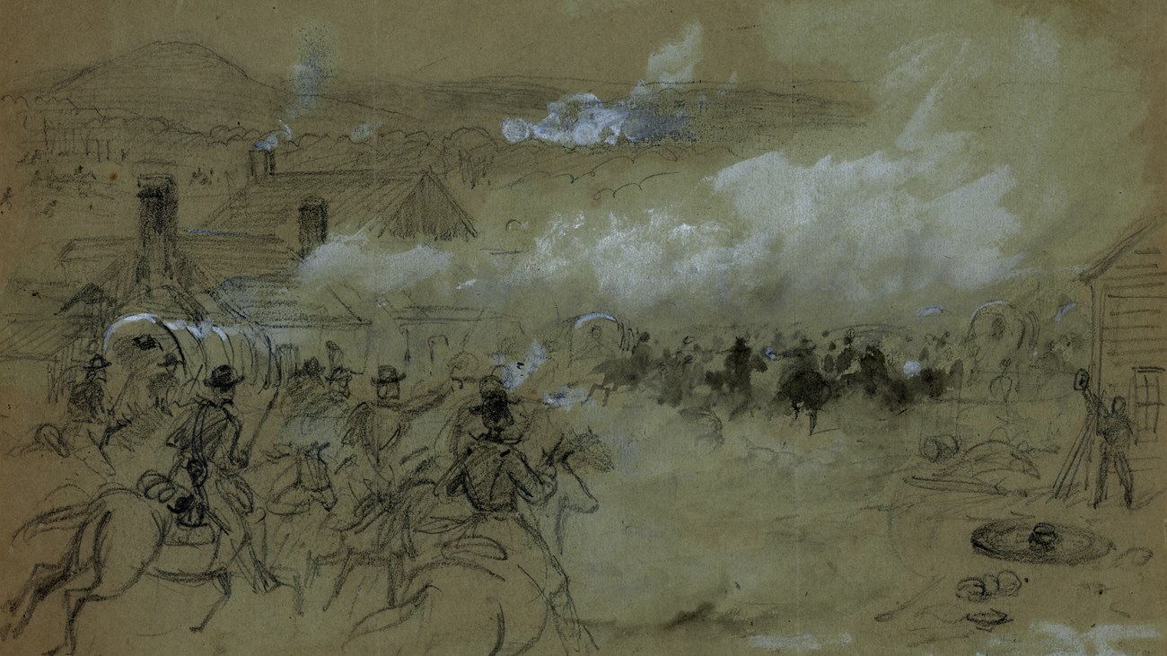 A pencil sketch depicts cavalrymen chasing their enemy through a burning town.