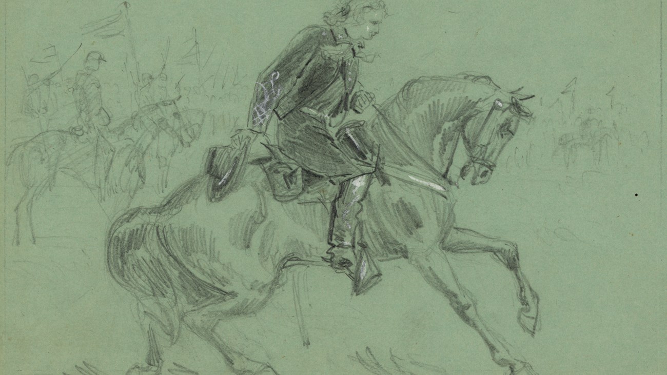 A pencil sketch on green paper shows a cavalry officer bowing his horse in respect.