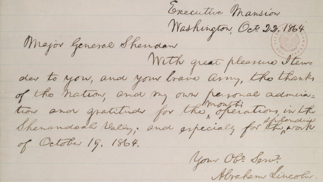 Lincoln Letter to Sheridan, Oct. 22, 1864 A brief, handwritten letter on lined paper expresses Lincoln's thanks to Sheridan.