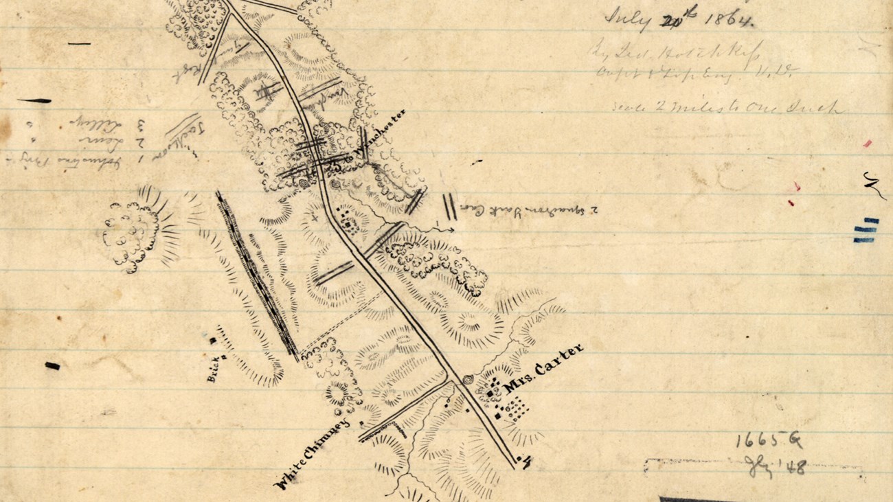 A hand drawn sketch maps the landmarks and topography of a Civil War battle.