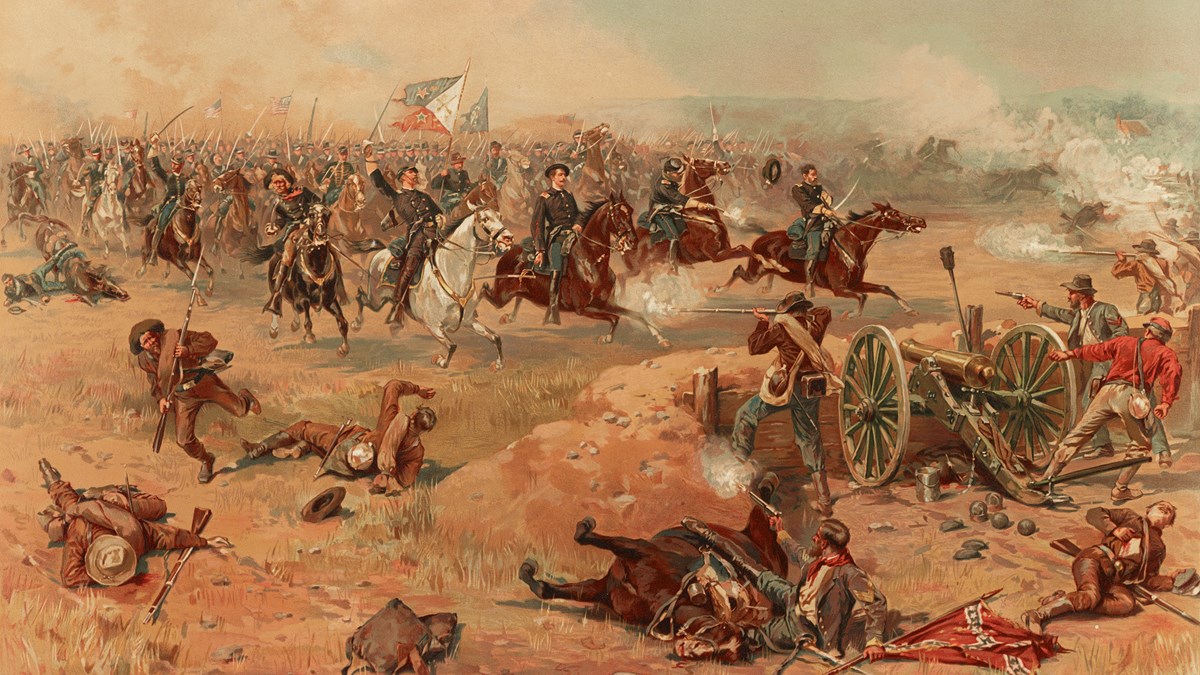 A red-tinted color 1880s print depicts a cavalry charge.