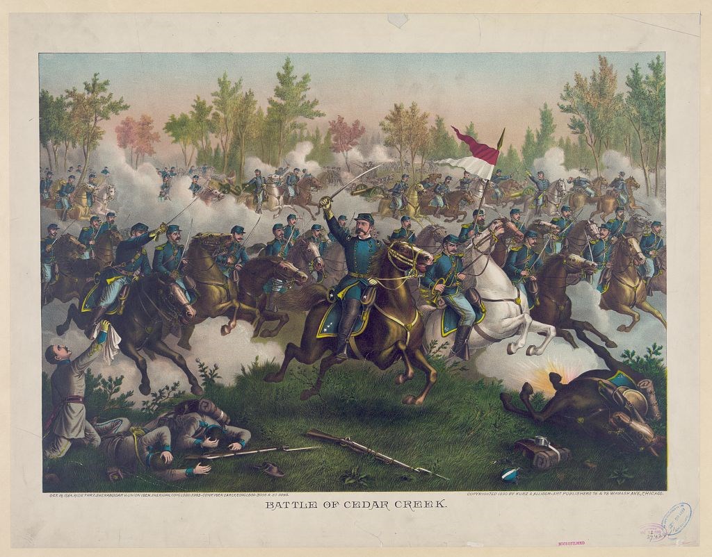 Battle of Cedar Creek - 1890, Kurz & Allison An 1890 illustration shows blue uniformed soldiers in a cavalry charge.