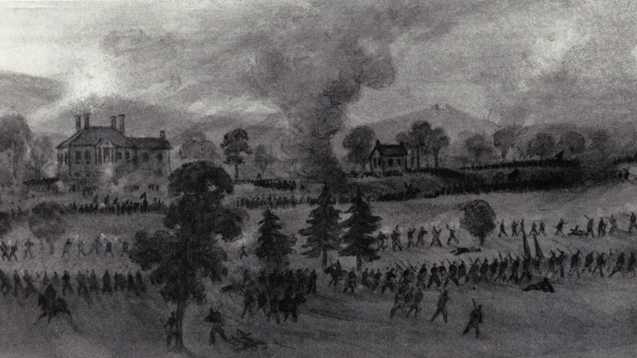 An 1864 sketch depicts columns of soliders retreating from a burning camp near a plantation house.