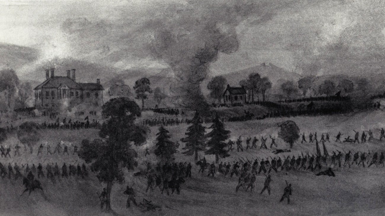 Retreat from Belle Grove An 1864 sketch depicts columns of soliders retreating from a burning camp near a plantation house.