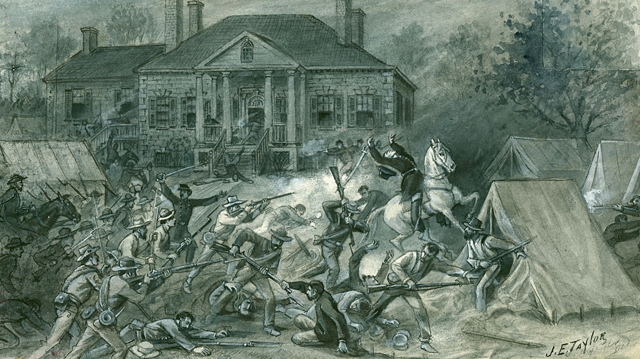 An 1864 sketch depicts intense combat in front of an antebellum style manor house.