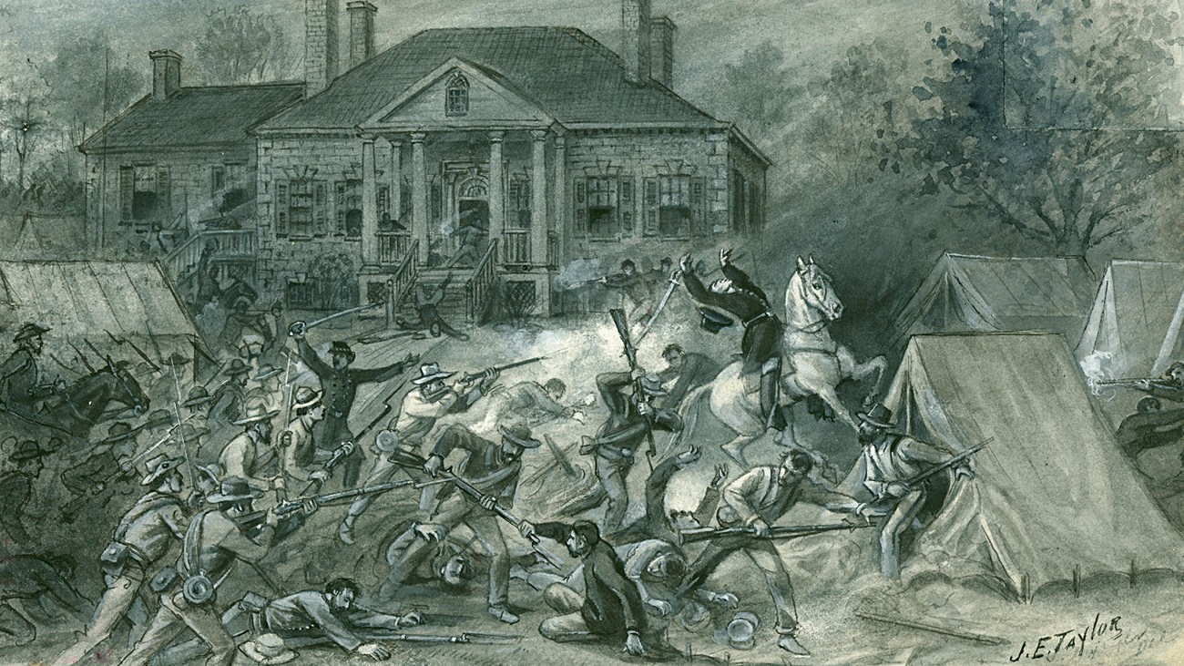 Combat at Belle Grove An 1864 sketch depicts intense combat in front of an antebellum style manor house.