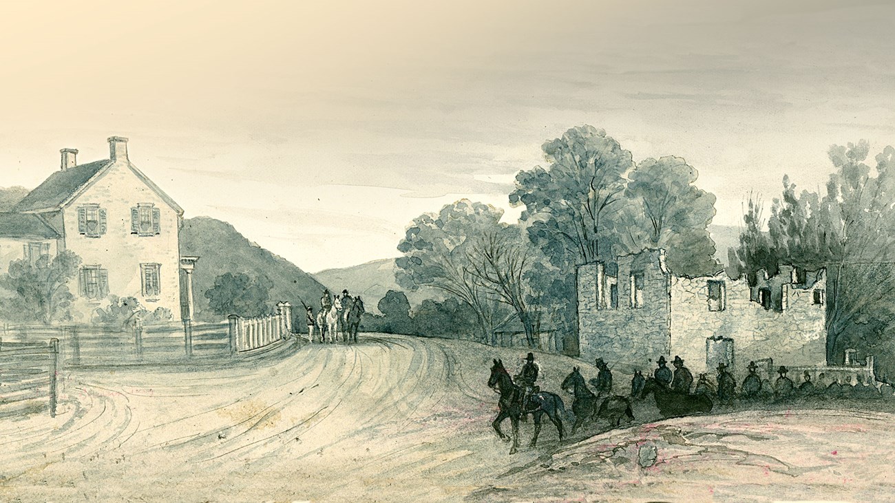 US Army in the Shenandoah Valley A column of mounted soldiers file past a ruined building on a rural road in an 1864 sketch.