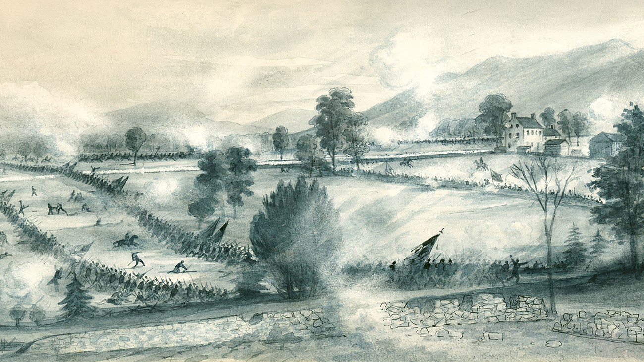An 1864 sketch depicts an armed battle on farm fields at a distance.