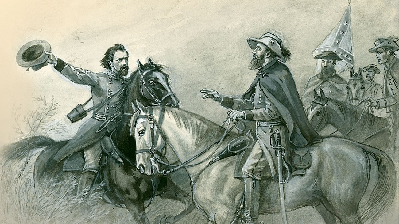 An 1864 sketch depicts two Civil War officers on horseback having an animated talk amid battle.