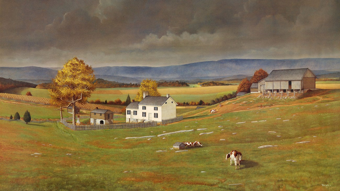 Heater House A color illustration shows a white farmhouse and a grey barn set among a rocky valley pasture.