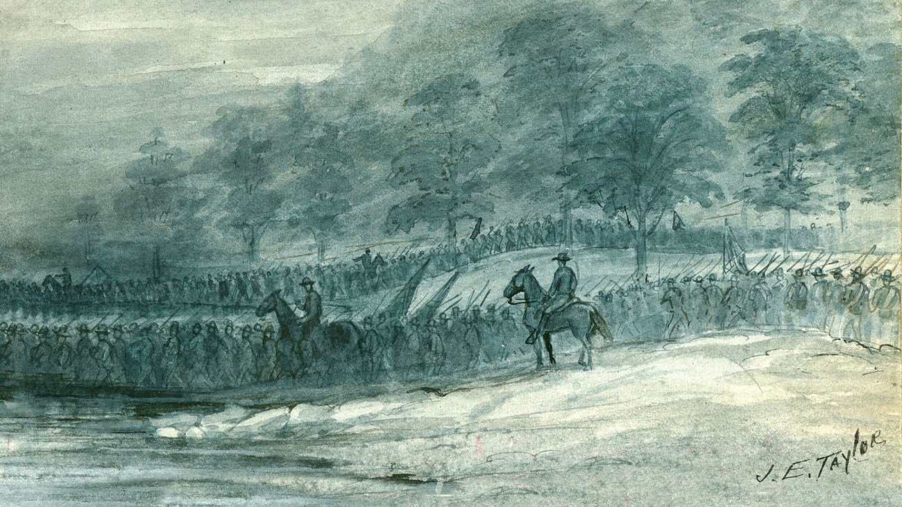Soldiers cross a river under cover of dark in a watercolored 1864 sketch.