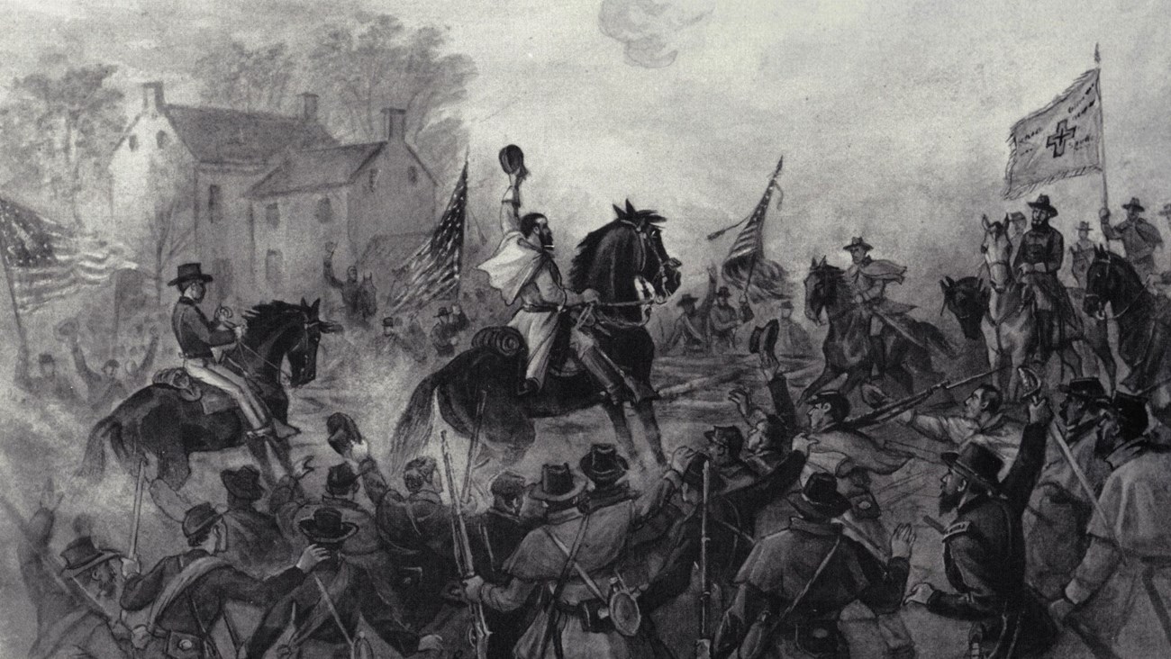 A Civil War general on horseback rallies soldiers to the US flag by waving his hat in an 1864 sketch.