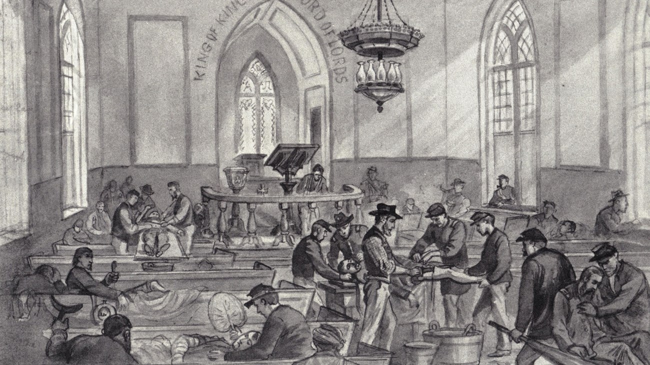 Battlefield Hospital in St. Thomas An 1864 sketch depicts men and women attending to wounded soldiers inside a church.