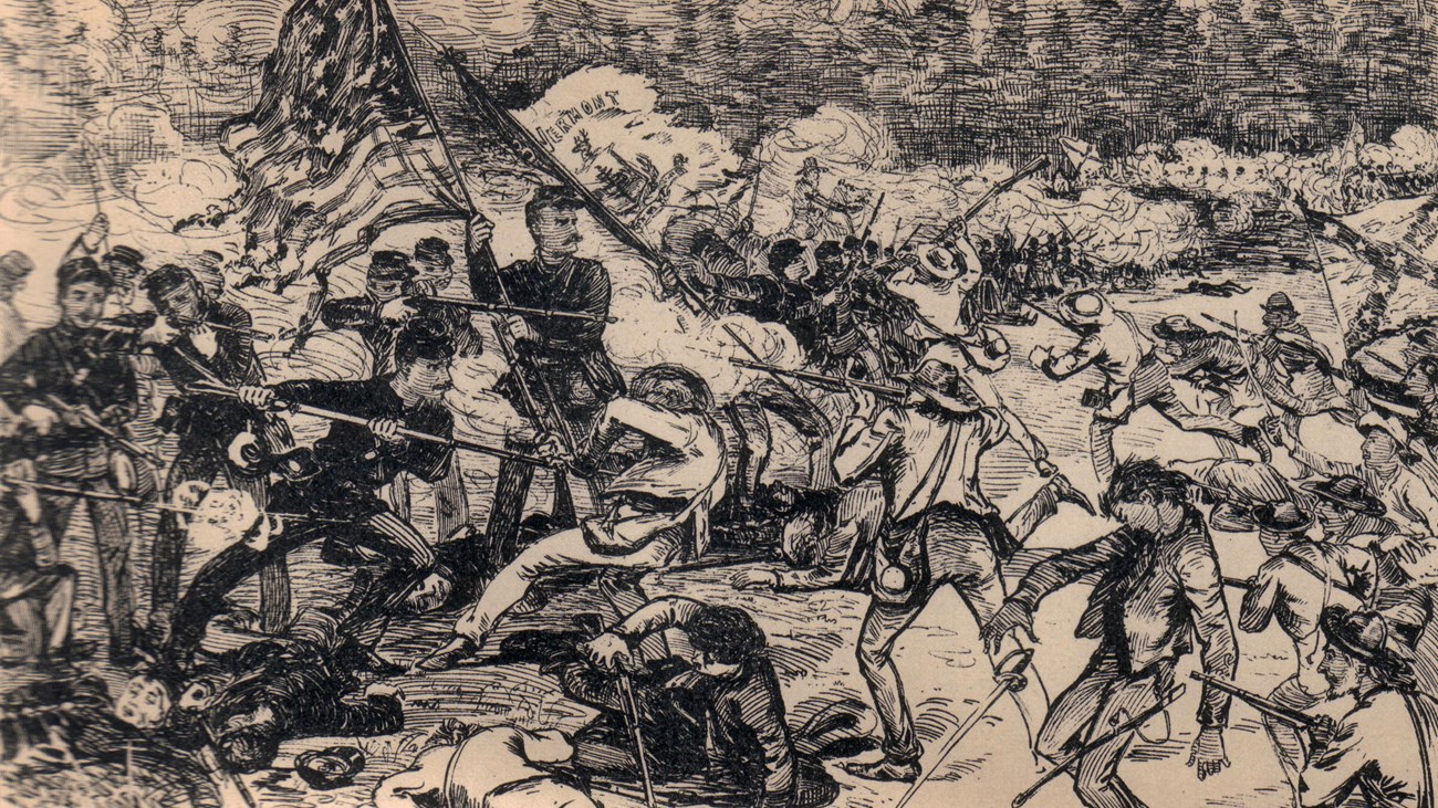 Desperate Defence of the Flags the 8th Vermont An ink line drawing depicts intense fighting around a US Army flag bearer in the Civil War.
