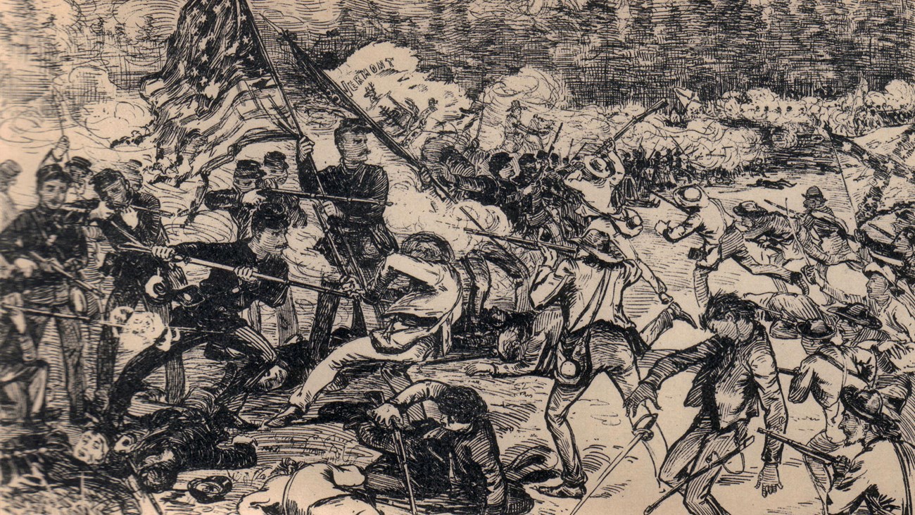 An ink line drawing depicts intense fighting around a US Army flag bearer in the Civil War.