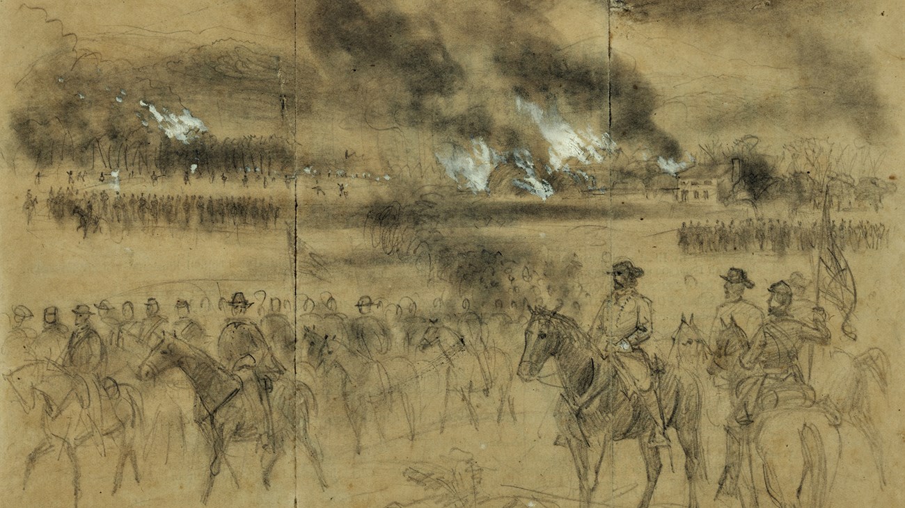 An illustration shows cavalrymen on the move with a burning town in the background.