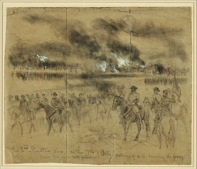 Sketch of Custer’s Division Retiring from Mount Jackson in the Shenandoah Valley, October 7, 1864 - by: Alfred Waud An illustration shows cavalrymen on the move with a burning town in the background.