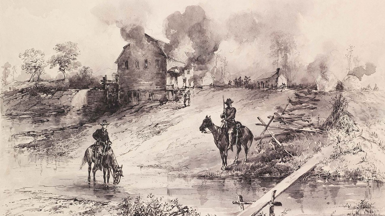 An 1800s art work depicts horse-mounted soldiers at a burning farmstead.