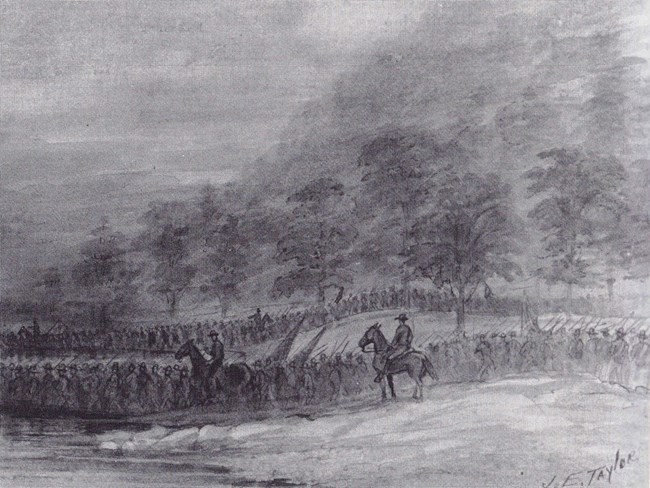 An 1864 vellum sketch shows columns of soldiers crossing a mountain creek in the dawn gloom.