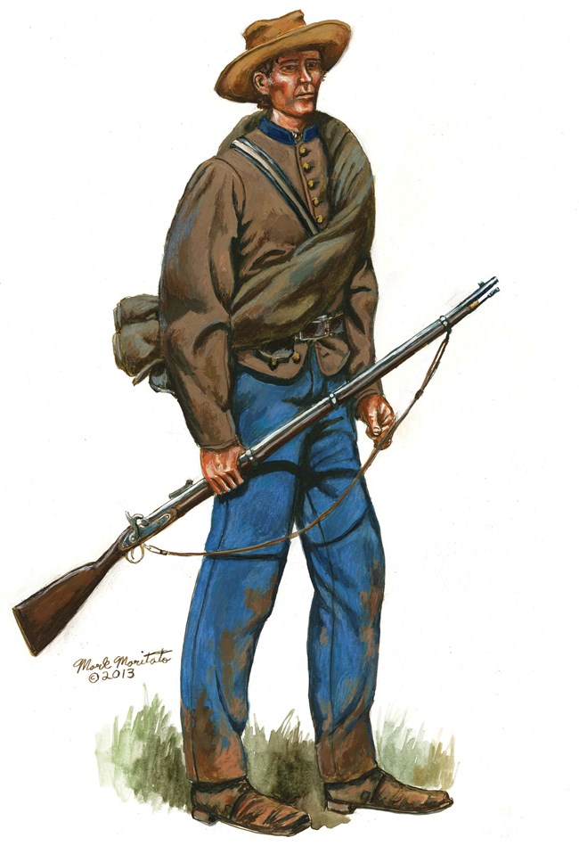 A full portrait painting illustrates the plain uniform and arms of an irregular 1800s soldier.