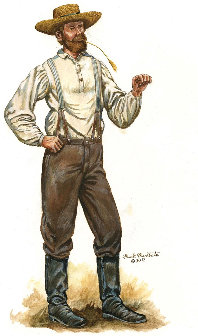 An illustration depicts an 1800s wheat farmer with a straw hat, suspenders, and boots.