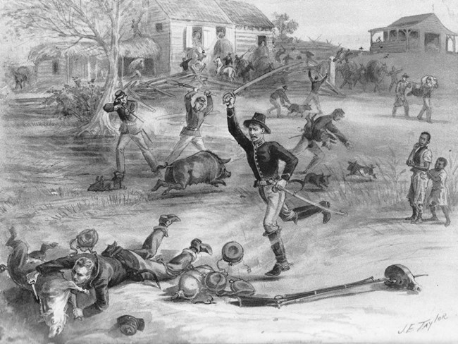 An 1864 sketch shows soldiers killing livestock with sabers and firearms while civilians watch.