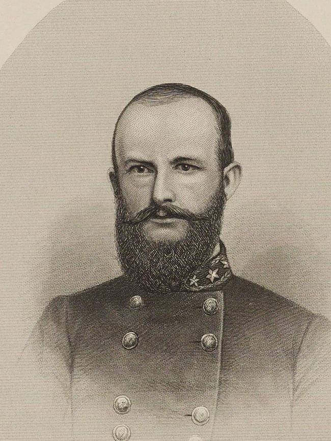 An 1800s portrait sketch shows a young man with short hair and a beard in an army uniform.