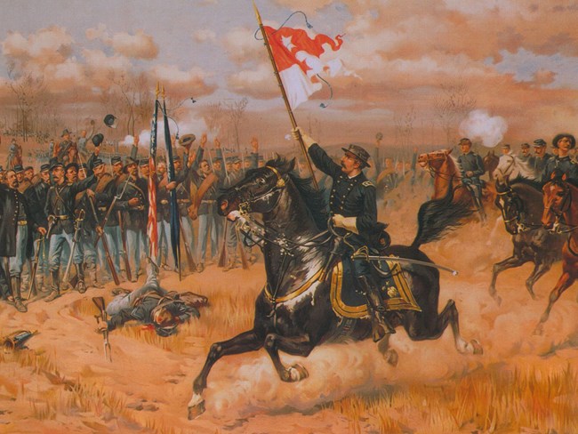 A painting shows 1860s soldiers cheering their general as he rides by waving a flag.