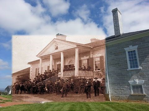 Supeimposed image from 1883 of federal veterans on a modern image of the front porch of Belle Grove