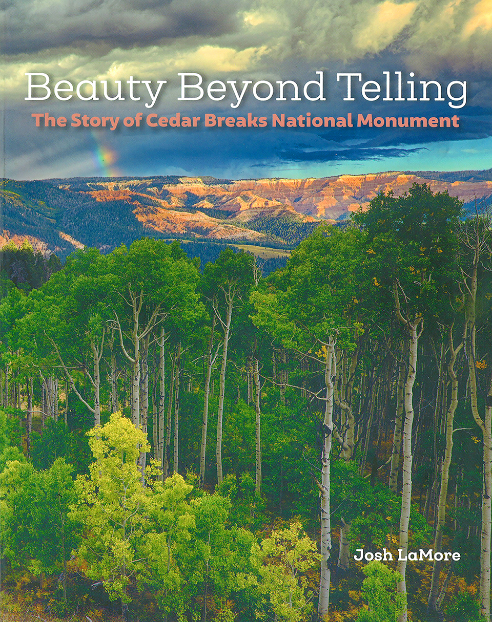BeautyBeyondTelling Book cover with landscape image of orange cliff and a rainbow overhead, with aspen trees below.