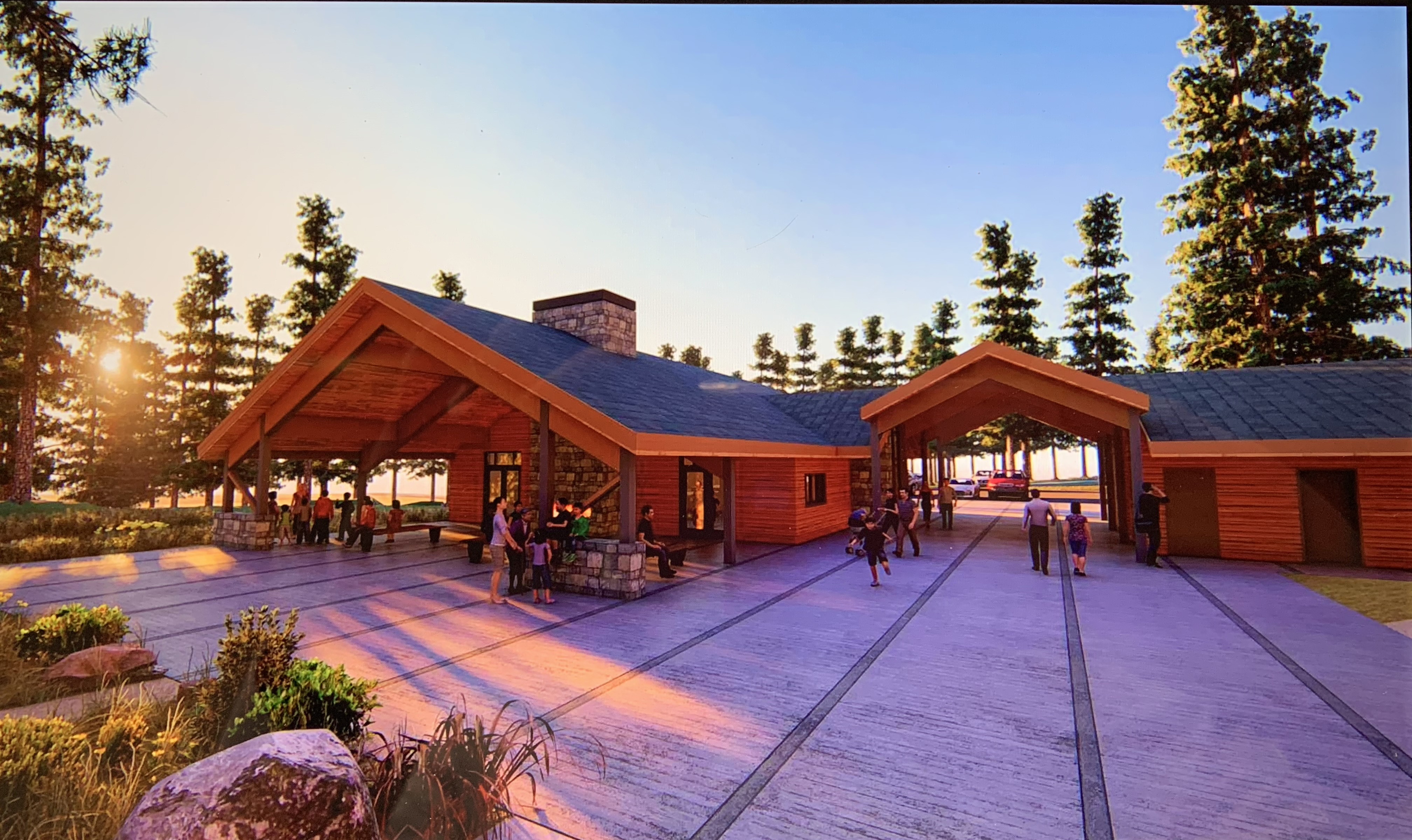 CEBR VC Rendering An artistic rendering of a one story building in a park setting.