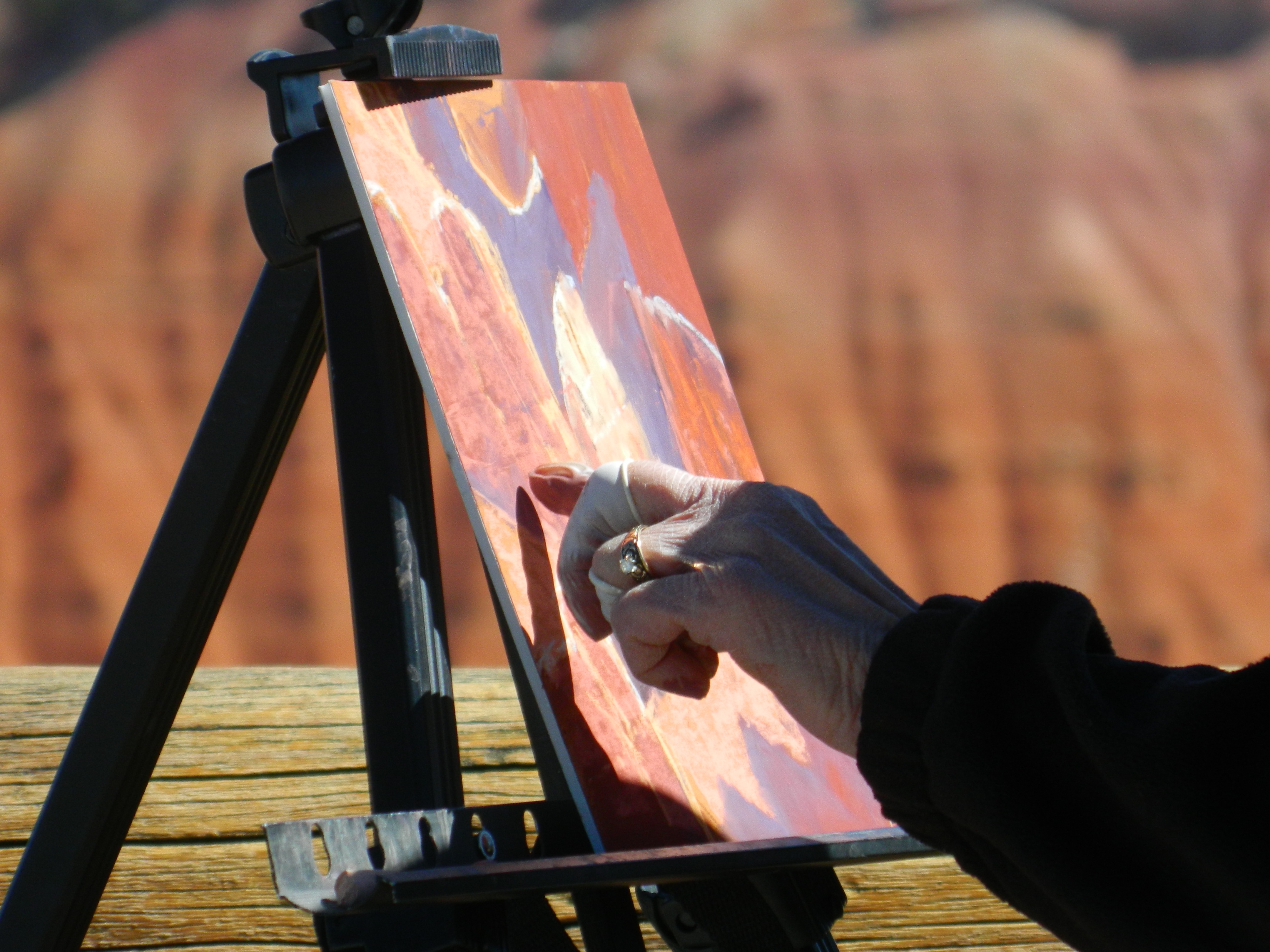 Artist at Cedar Breaks Hand Painting in Oil with red rock in the background.