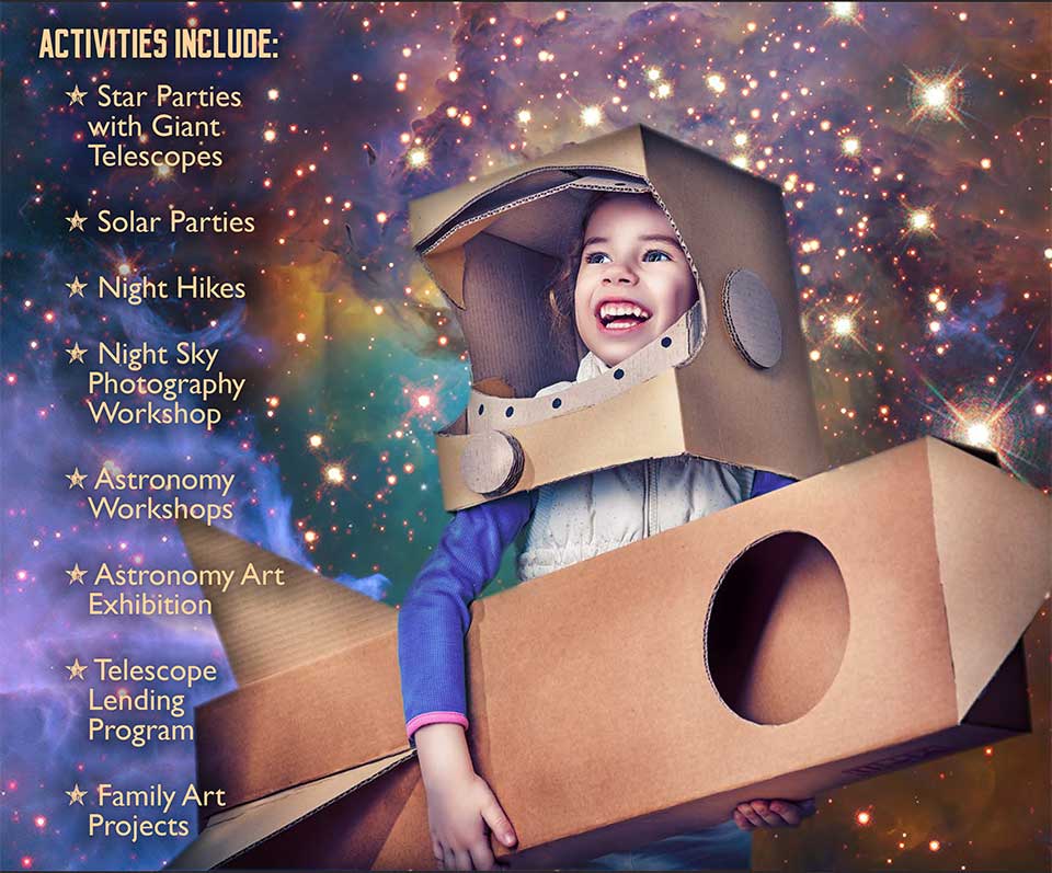 SWAstroFest2018 Child with cardboard spaceship. Colorful starry sky behind her.