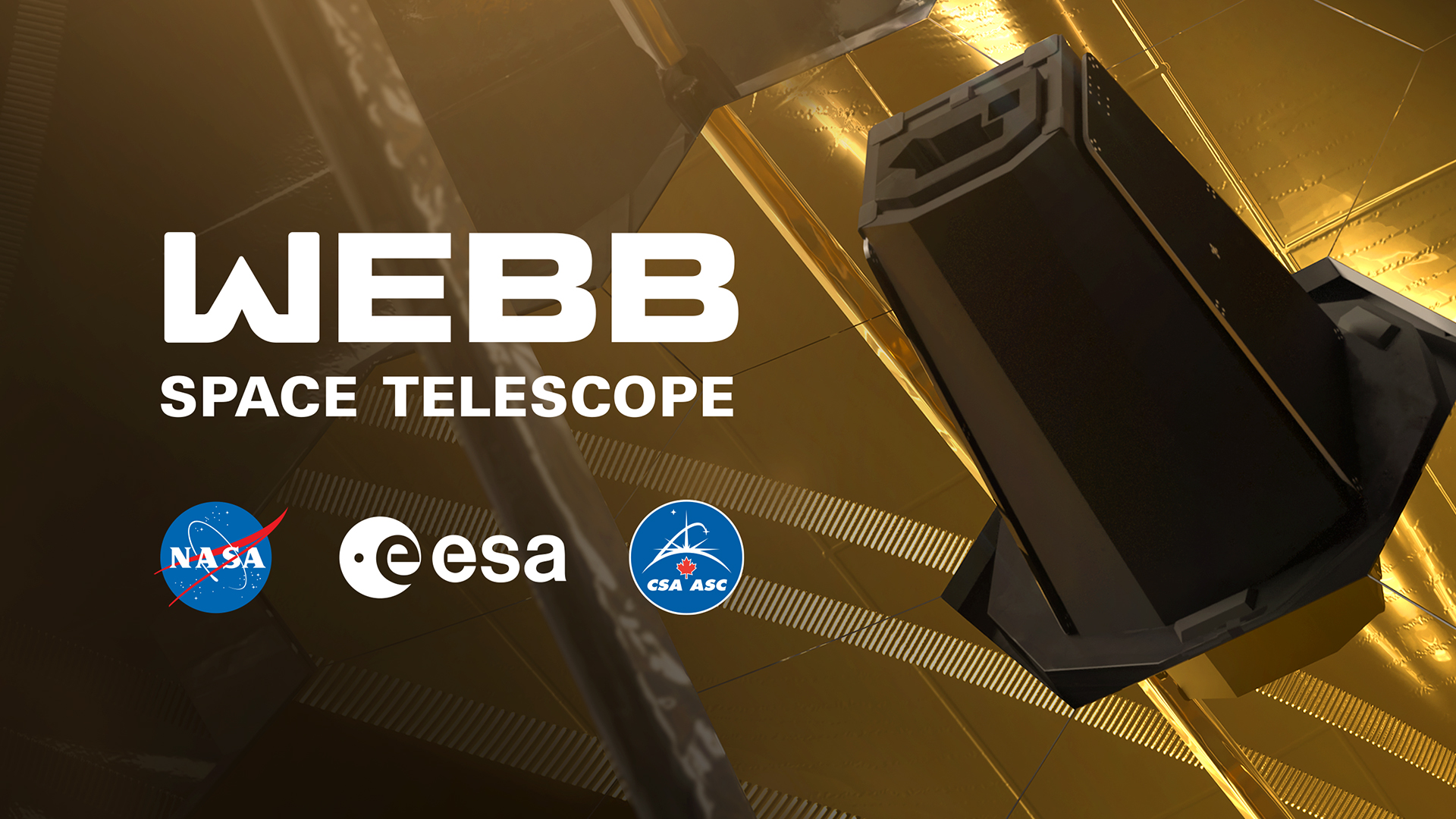 Close up image of Webb Telescope with space agency logos.