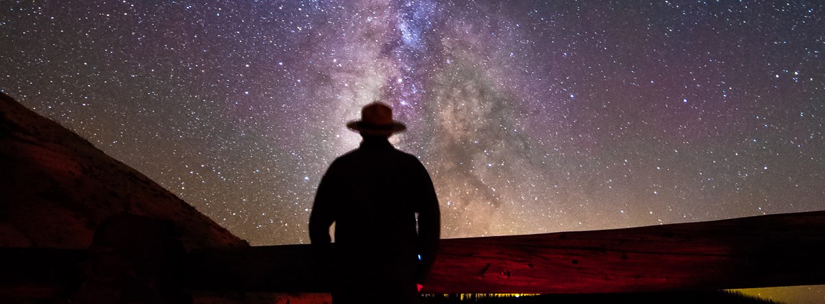 A ranger is silhouetted by in front of a brilliant star-filled dark sky.