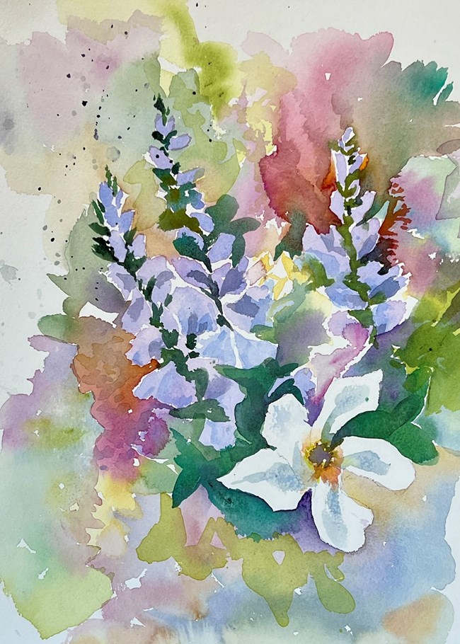 An abstract painting of colorful wildflowers.