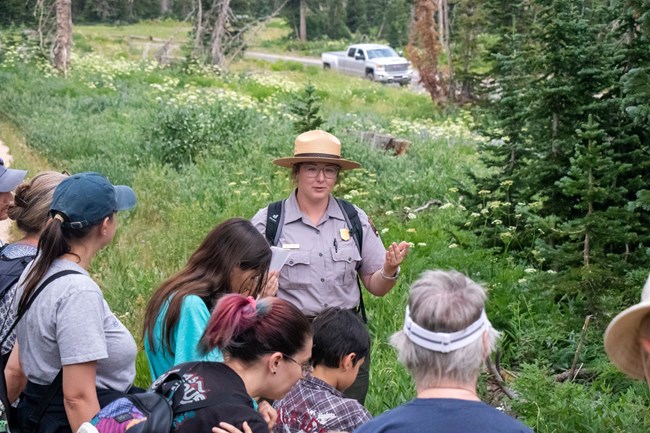 A ranger talked to participants along a flowery trail.