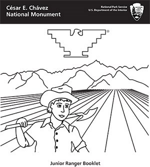 The cover of the junior ranger activity book showing a drawing of a man walking through fields The cover of the junior ranger activity book showing a drawing of a man walking through fields