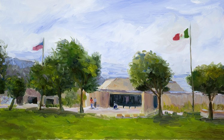 Impressionist painting of building, flags, visitors