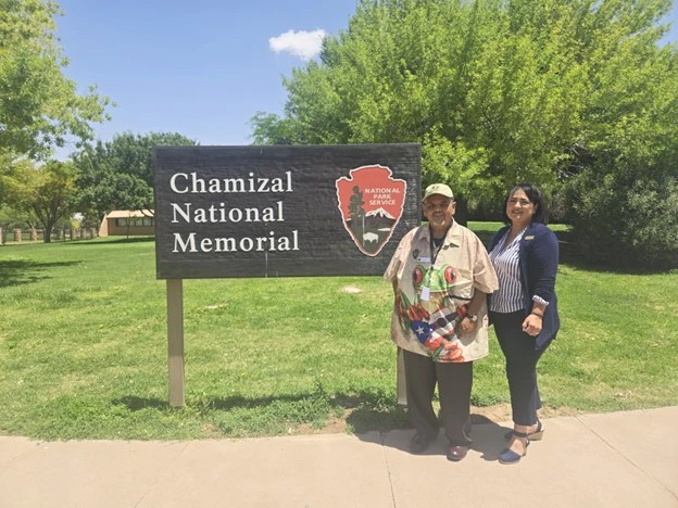Don and Rosa at Chamizal entrance Volunteer Don and volunteer supervisor Rosa standing at Chamizal sign