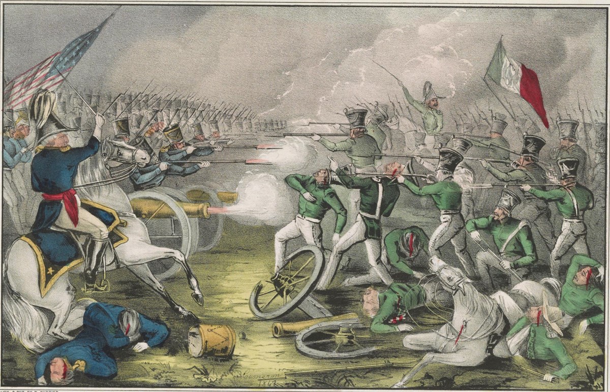 US soldiers in blue on left side face Mexican soldiers in green on right side. Smoke from muskets and cannons fills the air, dead and wounded on the ground.