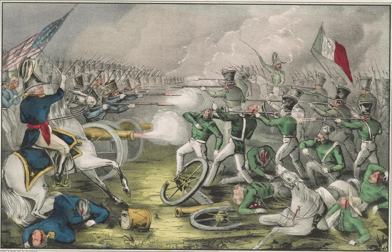 Click to view the source image. US soldiers in blue on left side face Mexican soldiers in green on right side. Smoke from muskets and cannons fills the air, dead and wounded on the ground.